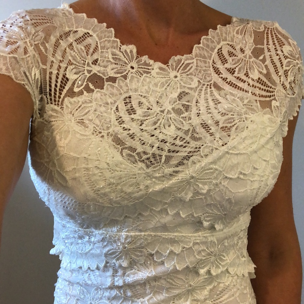 LeChateau off white lace stretchy dress with beads.
